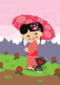 Fille japonaise sous un parapluie fleuri